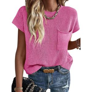 imageImily Bela Summer Fall Short Sleeve Sweater for Women 2025 Crew Neck Ribbed Knit Vests Trendy Pullover TopsPink