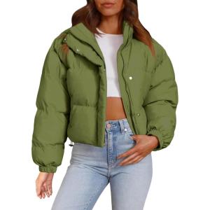 imageImily Bela Womens Cropped Puffer Jackets Long Sleeve Stand Collar Coats Quilted Zipper OuterwearArmy Green