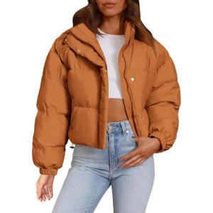 imageImily Bela Womens Cropped Puffer Jackets Long Sleeve Stand Collar Coats Quilted Zipper OuterwearBrown