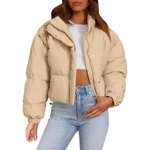 imageImily Bela Womens Cropped Puffer Jackets Long Sleeve Stand Collar Coats Quilted Zipper OuterwearKhaki