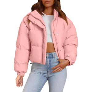 imageImily Bela Womens Cropped Puffer Jackets Long Sleeve Stand Collar Coats Quilted Zipper OuterwearPink