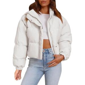 imageImily Bela Womens Cropped Puffer Jackets Long Sleeve Stand Collar Coats Quilted Zipper OuterwearWhite