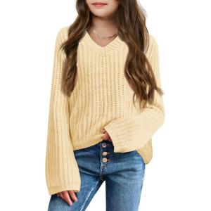 imageImily Bela Girls Bell Sleeve V Neck Knit Sweaters Kids Fashion Crop Pullover Sweater TopsBeige