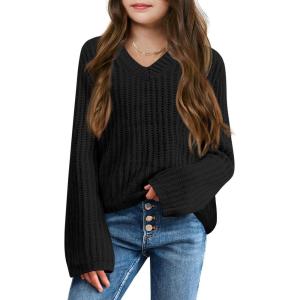 imageImily Bela Girls Bell Sleeve V Neck Knit Sweaters Kids Fashion Crop Pullover Sweater TopsBlack