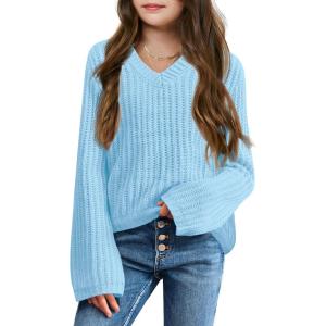 imageImily Bela Girls Bell Sleeve V Neck Knit Sweaters Kids Fashion Crop Pullover Sweater TopsBlue