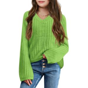 imageImily Bela Girls Bell Sleeve V Neck Knit Sweaters Kids Fashion Crop Pullover Sweater TopsGrass Green