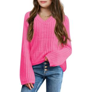 imageImily Bela Girls Bell Sleeve V Neck Knit Sweaters Kids Fashion Crop Pullover Sweater TopsHot Pink