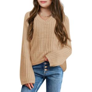 imageImily Bela Girls Bell Sleeve V Neck Knit Sweaters Kids Fashion Crop Pullover Sweater TopsLight Tan