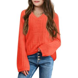 imageImily Bela Girls Bell Sleeve V Neck Knit Sweaters Kids Fashion Crop Pullover Sweater TopsOrange
