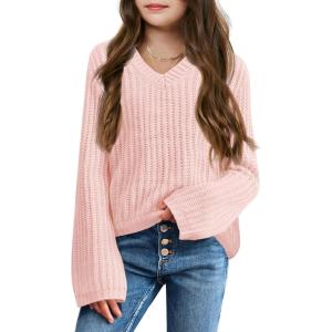 imageImily Bela Girls Bell Sleeve V Neck Knit Sweaters Kids Fashion Crop Pullover Sweater TopsPink
