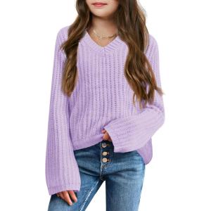 imageImily Bela Girls Bell Sleeve V Neck Knit Sweaters Kids Fashion Crop Pullover Sweater TopsPurple