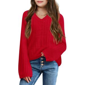 imageImily Bela Girls Bell Sleeve V Neck Knit Sweaters Kids Fashion Crop Pullover Sweater TopsRed