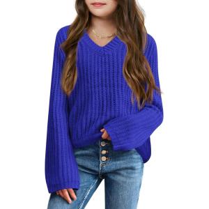 imageImily Bela Girls Bell Sleeve V Neck Knit Sweaters Kids Fashion Crop Pullover Sweater TopsRoyal Blue
