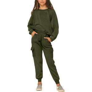 imageImily Bela Kids Girls Sweatsuit Lounge sets Crewneck Sweatshirt Casual Drawstring Sweatpants with PocketArmy Green