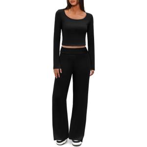 imageImily Bela Lounge Sets for Women 2 Piece Pajama Sets Split Long Sleeve Crop Tops and Straight Leg Pants TracksuitsBlack