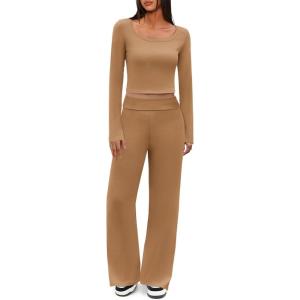 imageImily Bela Lounge Sets for Women 2 Piece Pajama Sets Split Long Sleeve Crop Tops and Straight Leg Pants TracksuitsBrown