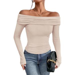 imageImily Bela Womens Off The Shoulder Long Sleeve Blouse Shirts Tops Slim Fitted Sexy Going Out Nightout Club Party Y2KApricot
