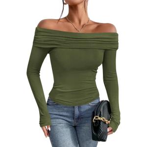 imageImily Bela Womens Off The Shoulder Long Sleeve Blouse Shirts Tops Slim Fitted Sexy Going Out Nightout Club Party Y2KArmy Green