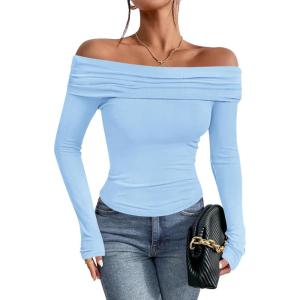 imageImily Bela Womens Off The Shoulder Long Sleeve Blouse Shirts Tops Slim Fitted Sexy Going Out Nightout Club Party Y2KBaby Blue