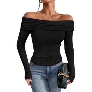 imageImily Bela Womens Off The Shoulder Long Sleeve Blouse Shirts Tops Slim Fitted Sexy Going Out Nightout Club Party Y2KBlack
