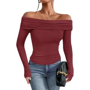 imageImily Bela Womens Off The Shoulder Long Sleeve Blouse Shirts Tops Slim Fitted Sexy Going Out Nightout Club Party Y2KBurgundy