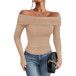 imageImily Bela Womens Off The Shoulder Long Sleeve Blouse Shirts Tops Slim Fitted Sexy Going Out Nightout Club Party Y2KCoffee