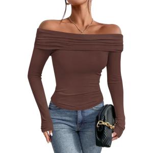 imageImily Bela Womens Off The Shoulder Long Sleeve Blouse Shirts Tops Slim Fitted Sexy Going Out Nightout Club Party Y2KDark Brown