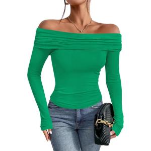 imageImily Bela Womens Off The Shoulder Long Sleeve Blouse Shirts Tops Slim Fitted Sexy Going Out Nightout Club Party Y2KGreen
