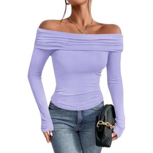 imageImily Bela Womens Off The Shoulder Long Sleeve Blouse Shirts Tops Slim Fitted Sexy Going Out Nightout Club Party Y2KLavender
