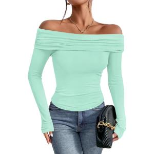 imageImily Bela Womens Off The Shoulder Long Sleeve Blouse Shirts Tops Slim Fitted Sexy Going Out Nightout Club Party Y2KMint