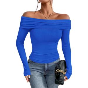 imageImily Bela Womens Off The Shoulder Long Sleeve Blouse Shirts Tops Slim Fitted Sexy Going Out Nightout Club Party Y2KRoyal Blue