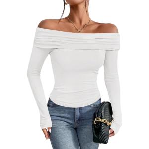 imageImily Bela Womens Off The Shoulder Long Sleeve Blouse Shirts Tops Slim Fitted Sexy Going Out Nightout Club Party Y2KWhite