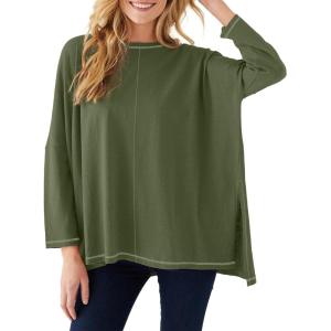 imageImily Bela Womens Oversized Tops Long Sleeve Shirts Exposed Line Round Neck Tee Side Slit Cotton Basic Top 2025Army Green