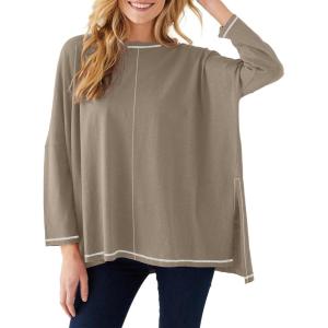 imageImily Bela Womens Oversized Tops Long Sleeve Shirts Exposed Line Round Neck Tee Side Slit Cotton Basic Top 2025Khaki