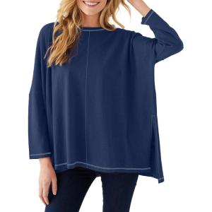 imageImily Bela Womens Oversized Tops Long Sleeve Shirts Exposed Line Round Neck Tee Side Slit Cotton Basic Top 2025Navy