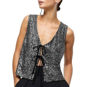 imageImily Bela Womens Sequin Vest Sleeveless V Neck Tie Front Sparkly Party WaistcoatBlack
