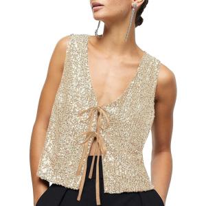 imageImily Bela Womens Sequin Vest Sleeveless V Neck Tie Front Sparkly Party WaistcoatGold