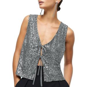 imageImily Bela Womens Sequin Vest Sleeveless V Neck Tie Front Sparkly Party WaistcoatLight Grey