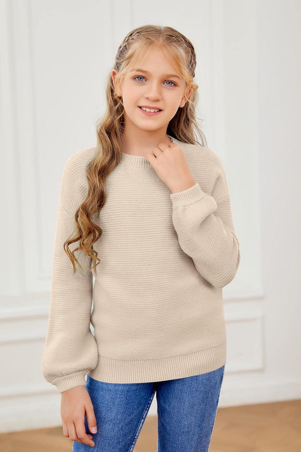 imageGirls Pullover Sweaters Kids Long Sleeve Drop Shoulder Sweaters Casual Boat Neck Knit Jumper TopsApricot