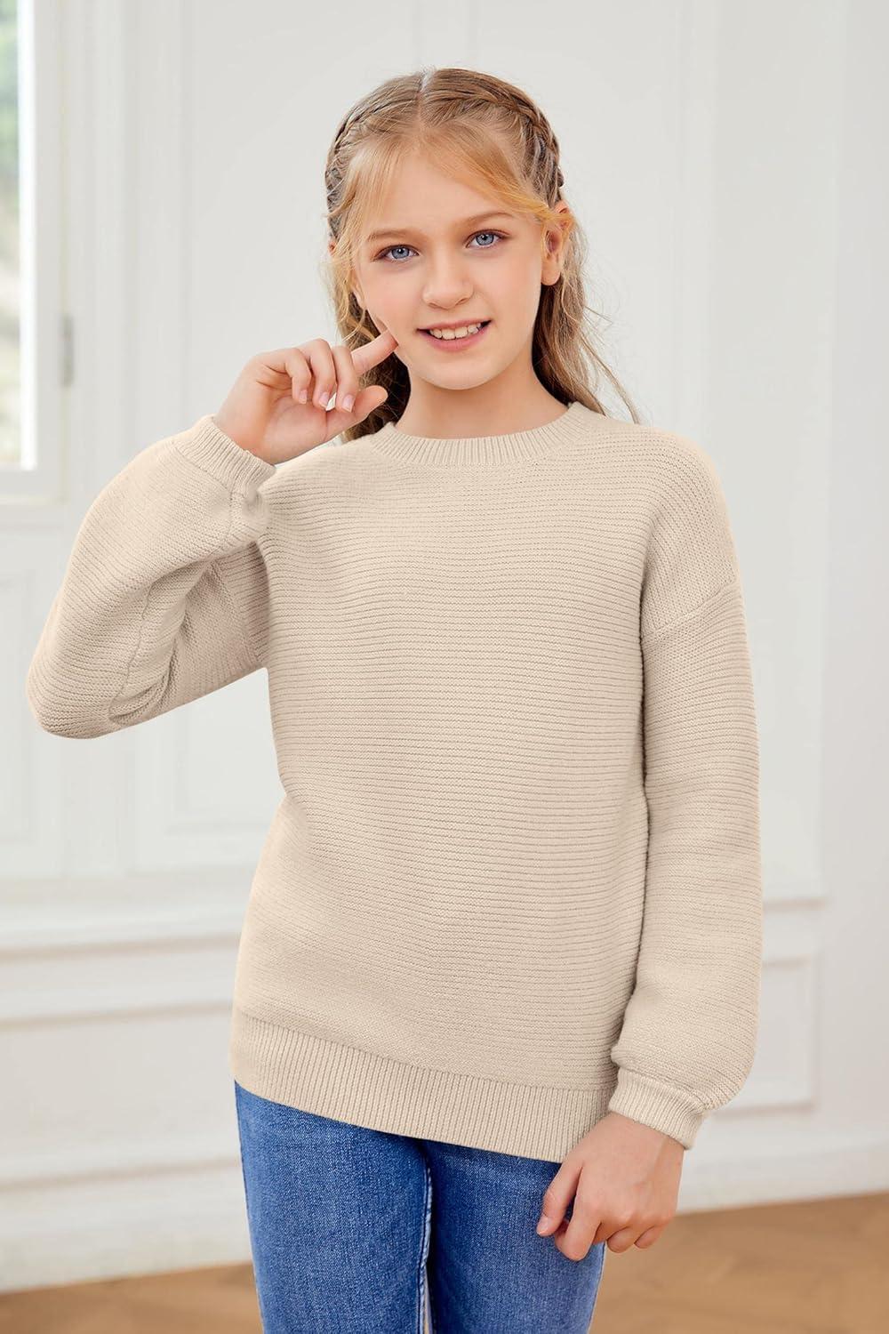 imageGirls Pullover Sweaters Kids Long Sleeve Drop Shoulder Sweaters Casual Boat Neck Knit Jumper TopsApricot