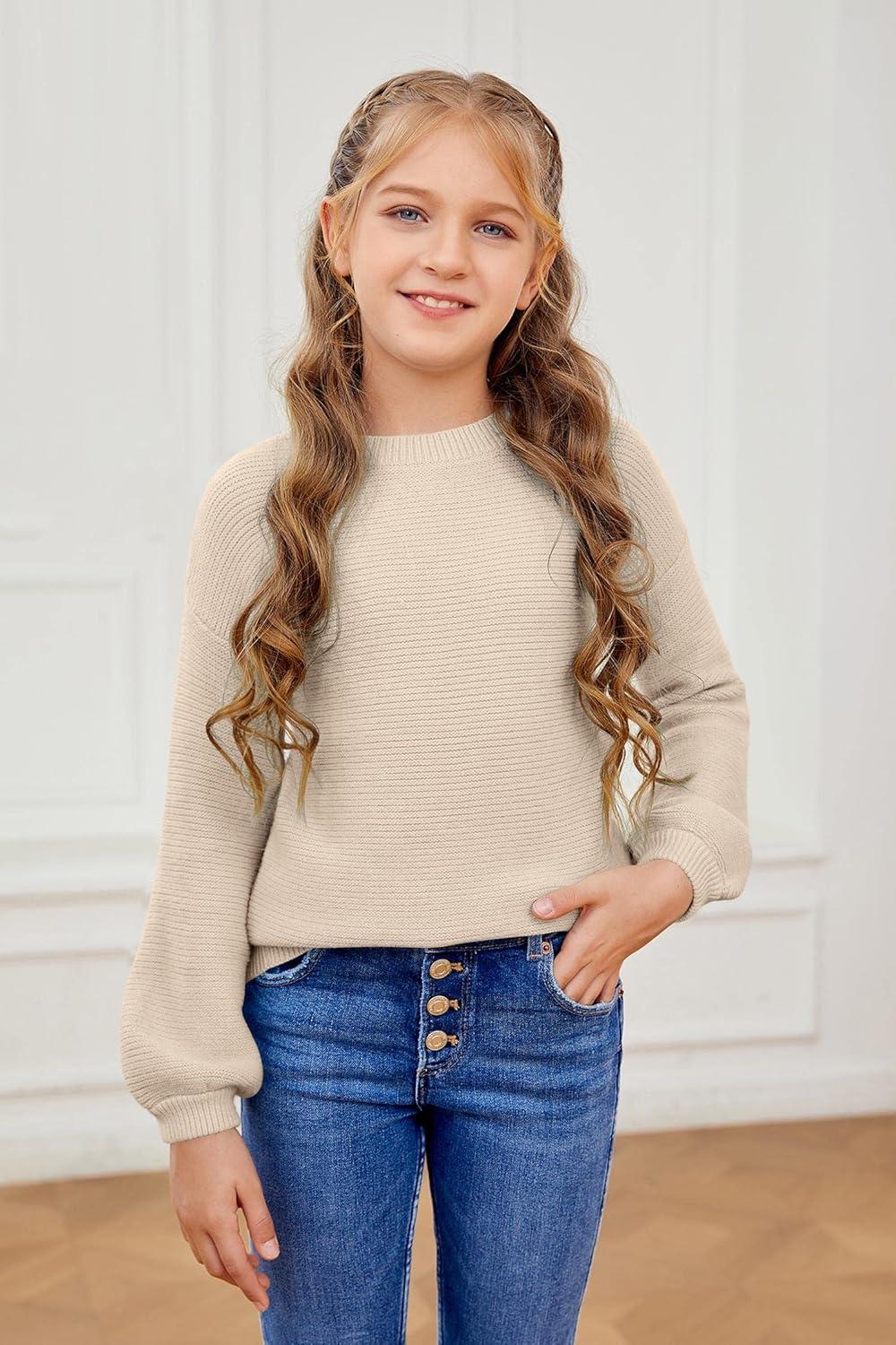 imageGirls Pullover Sweaters Kids Long Sleeve Drop Shoulder Sweaters Casual Boat Neck Knit Jumper TopsApricot