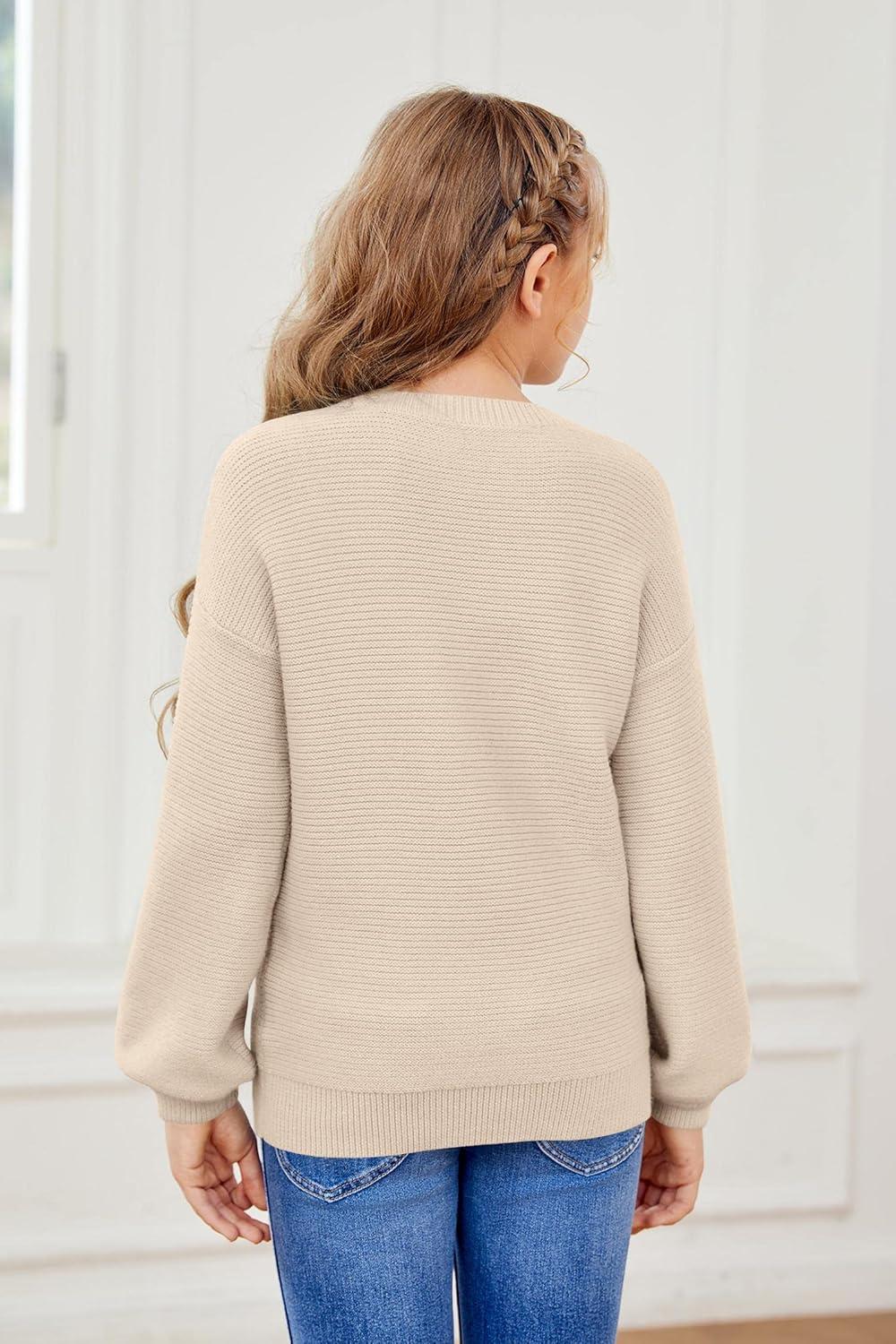 imageGirls Pullover Sweaters Kids Long Sleeve Drop Shoulder Sweaters Casual Boat Neck Knit Jumper TopsApricot