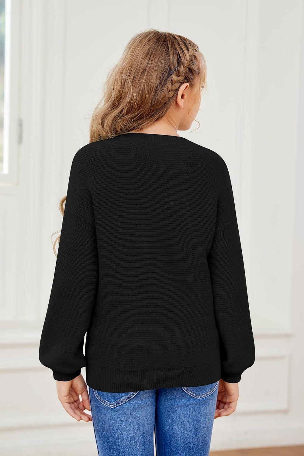 imageGirls Pullover Sweaters Kids Long Sleeve Drop Shoulder Sweaters Casual Boat Neck Knit Jumper TopsBlack