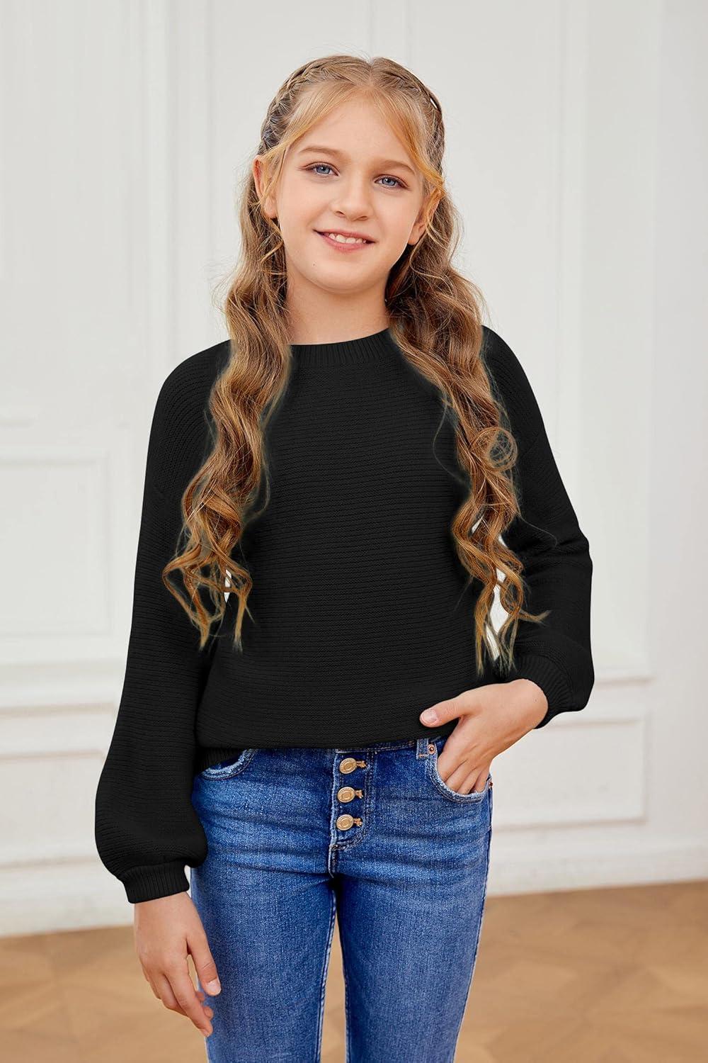 imageGirls Pullover Sweaters Kids Long Sleeve Drop Shoulder Sweaters Casual Boat Neck Knit Jumper TopsBlack