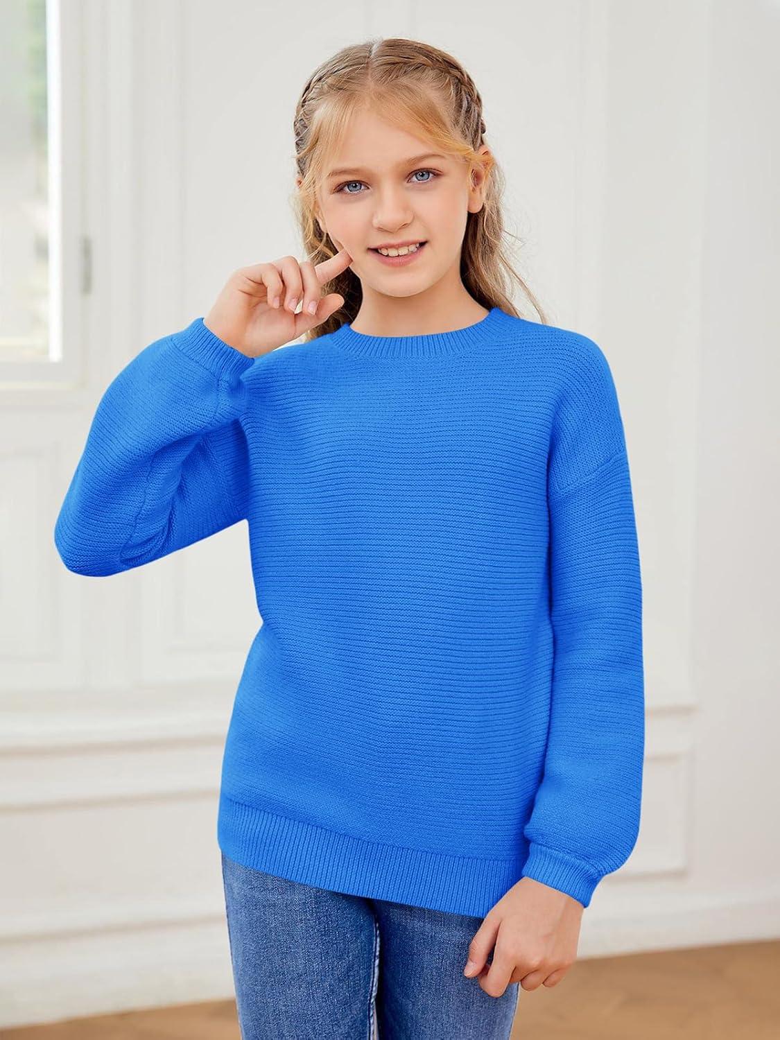 imageGirls Pullover Sweaters Kids Long Sleeve Drop Shoulder Sweaters Casual Boat Neck Knit Jumper TopsBright Blue