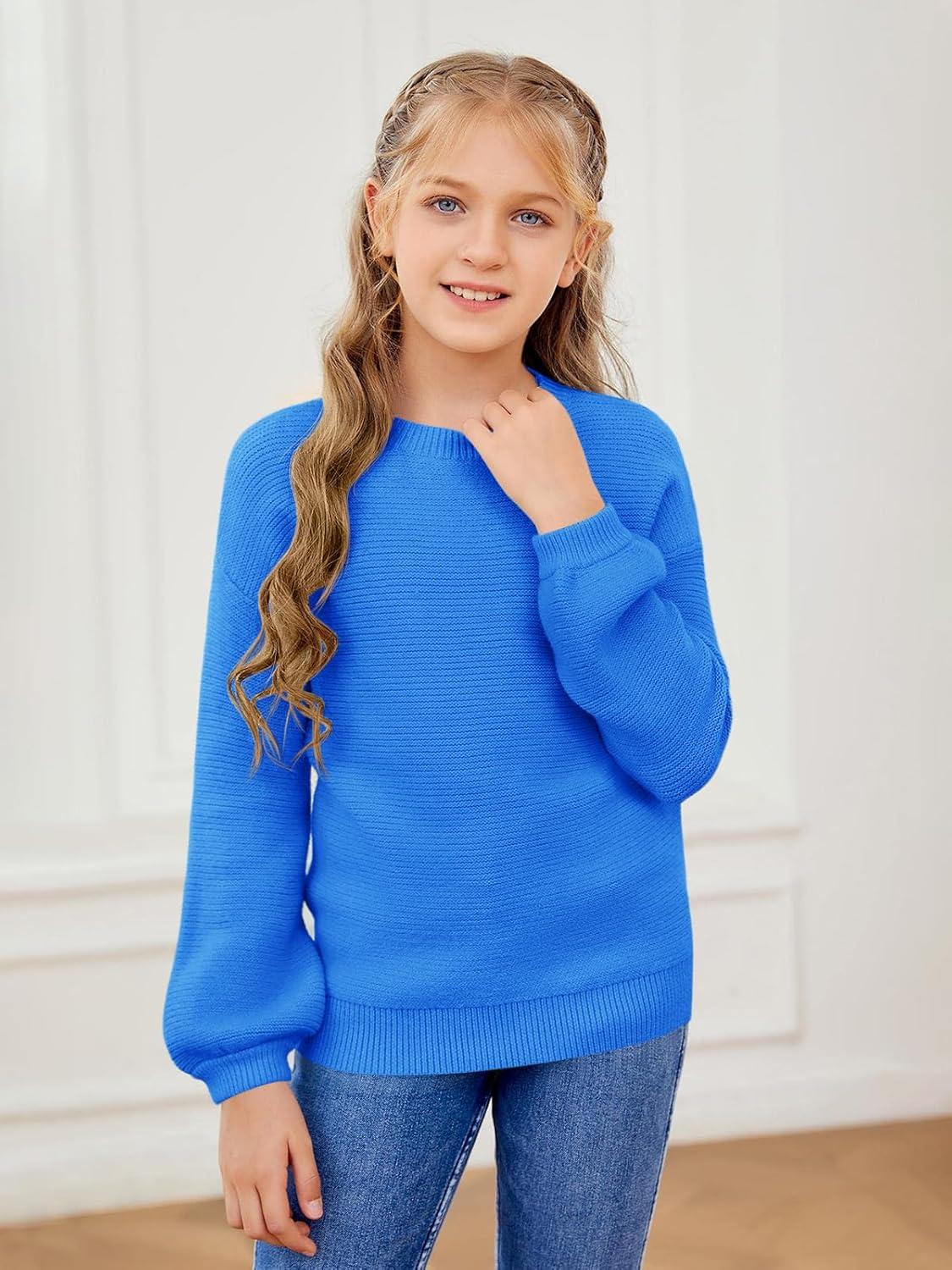 imageGirls Pullover Sweaters Kids Long Sleeve Drop Shoulder Sweaters Casual Boat Neck Knit Jumper TopsBright Blue