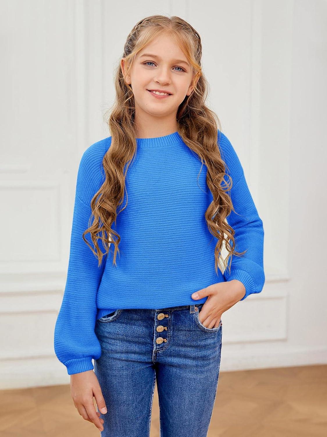 imageGirls Pullover Sweaters Kids Long Sleeve Drop Shoulder Sweaters Casual Boat Neck Knit Jumper TopsBright Blue