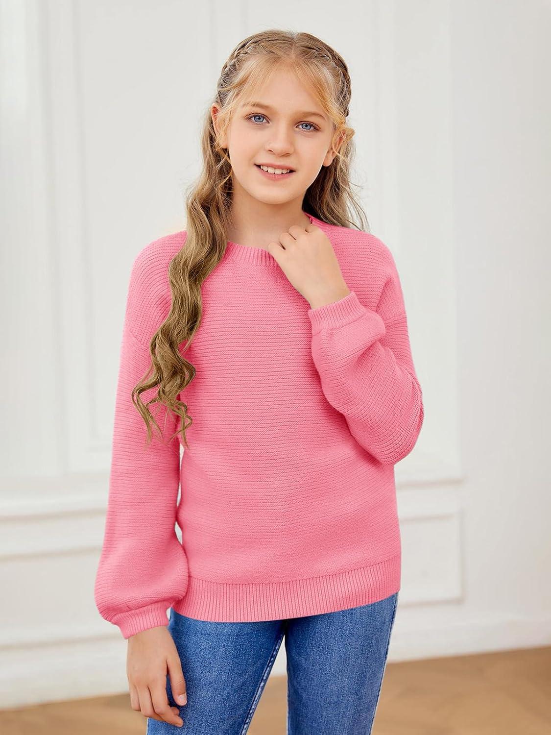 imageGirls Pullover Sweaters Kids Long Sleeve Drop Shoulder Sweaters Casual Boat Neck Knit Jumper TopsBright Pink