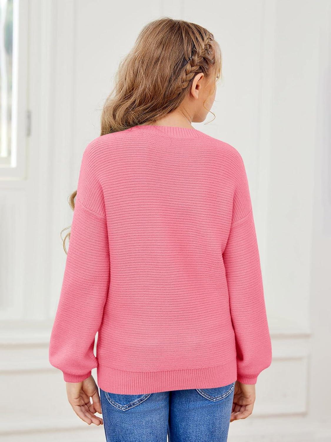 imageGirls Pullover Sweaters Kids Long Sleeve Drop Shoulder Sweaters Casual Boat Neck Knit Jumper TopsBright Pink