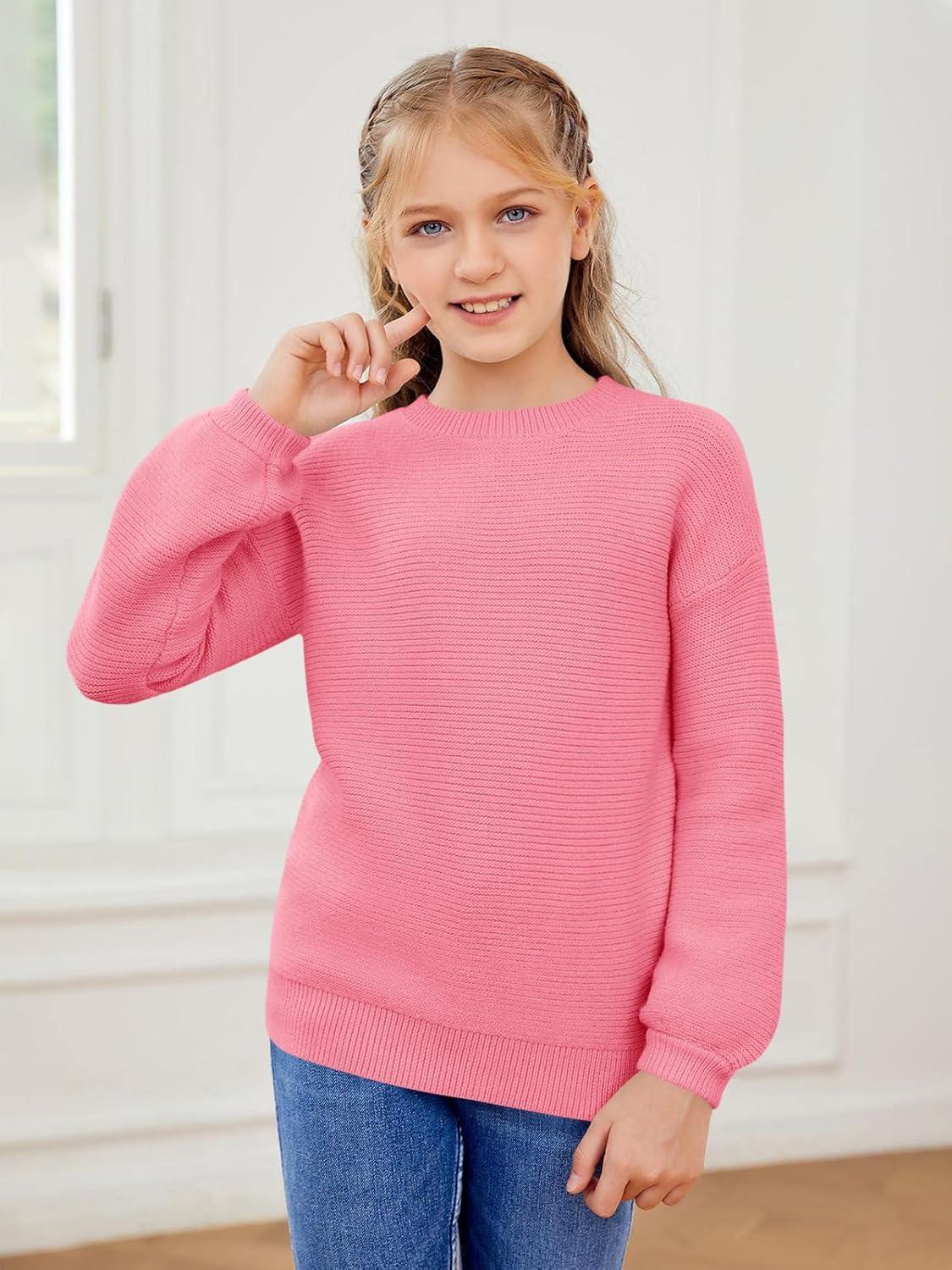 imageGirls Pullover Sweaters Kids Long Sleeve Drop Shoulder Sweaters Casual Boat Neck Knit Jumper TopsBright Pink